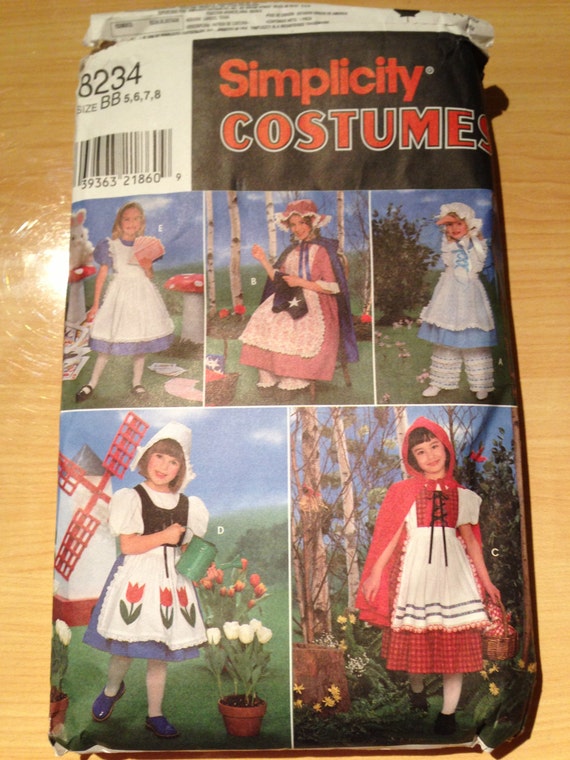 Simplicity 8234 Sewing Pattern Girl's Costume Alice in Wonderland, Little Red Riding Hood, Bo Peep, Betsy Ross and Dutch Girl Size 5-8