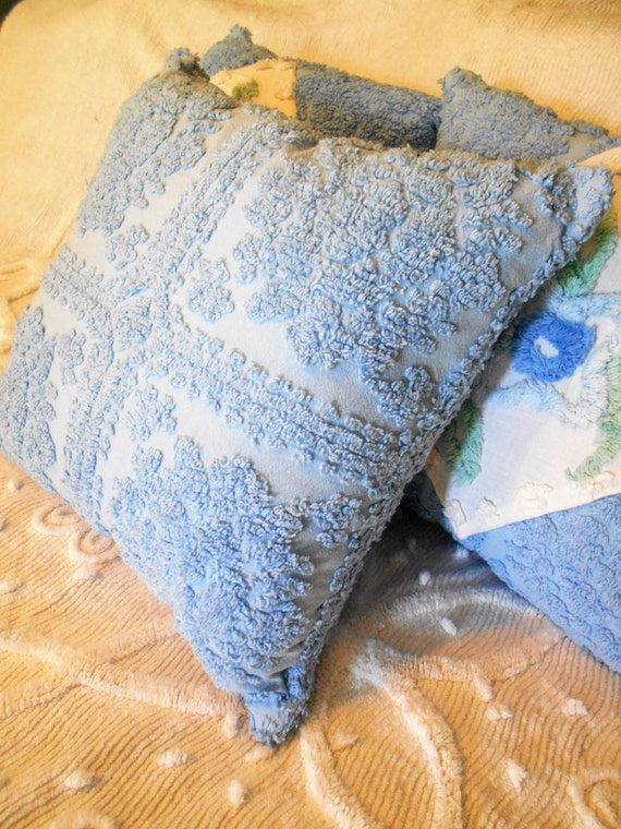 Chenille Pillow Vintage Chenille Blue Pillow Nursery