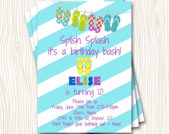 Flip Flop Blue Teal Turquoise Seafoam Pink Blush Stripe Beach Pool Swimming Birthday Party Invitation Card - Any Color