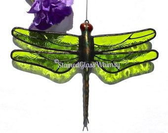 Stained Glass DRAGONFLY Suncatcher Lime / Spring Green Wings, Textured Pressed Glass , Handcast Metal Body , USA Handmade, Green Dragonfly