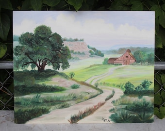 Oil Painting Barn Farm Landscape on Board Artist Signed Vintage 16 x 20