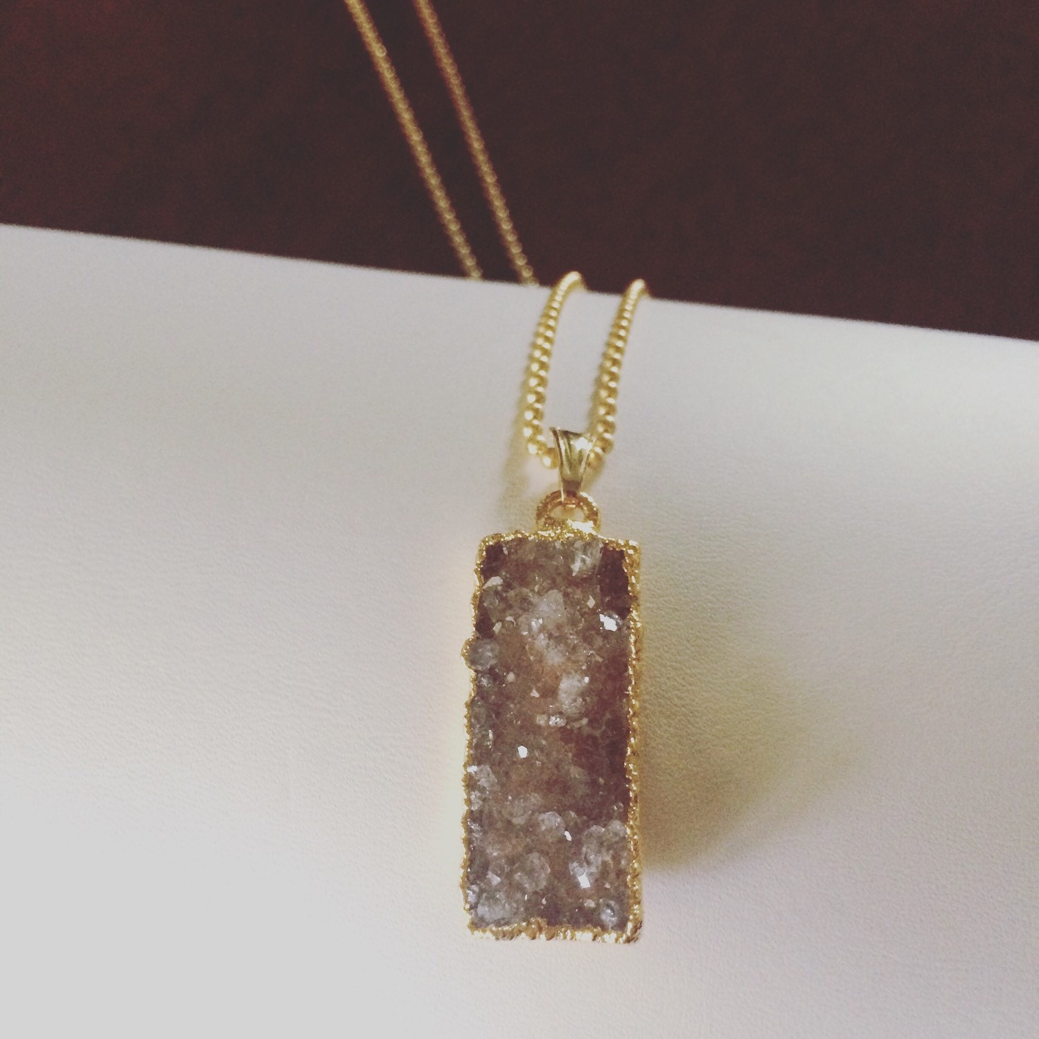 Taupe Druzy Quartz Bar Pendant Necklace