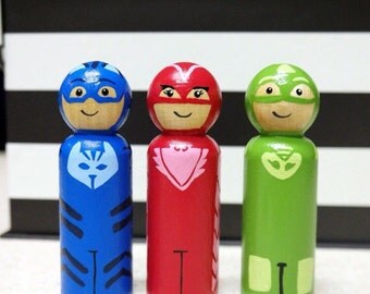 PJ Masks toy handpainted pegs Catboy Gecko & Owlette disney junior birthday party