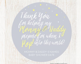 Baby Shower Ready To Pop Stickers, Popcorn Favor Sticker, Personalized Shower Stickers for Mother To Me, Mom, Gender Neutral Gray Yellow