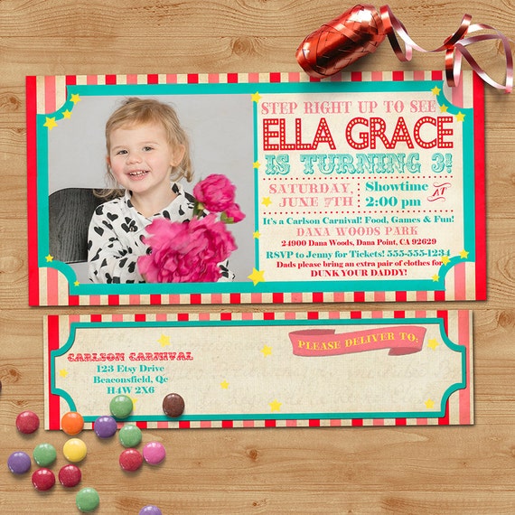 Carnival Birthday Photo Invitation with Wrap Around Address Labels - Vintage Inspired / Retro Circus - Custom, Digital, Printable designs Il_570xn