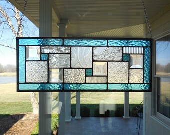 Stained Glass Panel Aqua Blue Window Transom