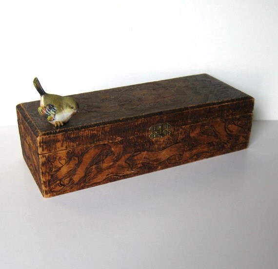 50's wooden Flemish Art glove box hand carved hinged wood