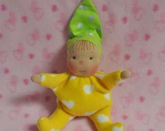 Fretta's original Waldorf Style Weighted Baby. 9" / 23 cm soft sculpture Cloth Doll. Baby's First Doll. Child Friendly Baby Doll.