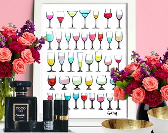 Wine Glasses Galore Watercolor Pencil Print | Wall Art, Home, Kitchen, Illustration, Decoration, Glass Drawing, Alcohol Beverage Painting