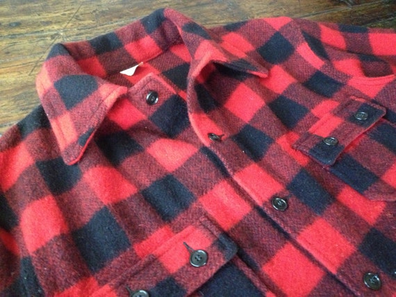 Wool Flannel Shirt Red Black Plaid Mid Century Size XXL 2X