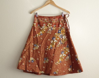 Vintage Red and Gold Floral Ethnic Adjustable A-Line High Waisted Wrap Skirt