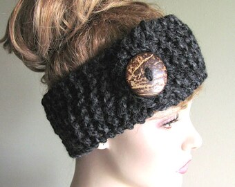 Wool Knit Headbands Button Heather Black Earwarmers Spring Fall Winter Accessories Headcovers Womens Girls Headwraps