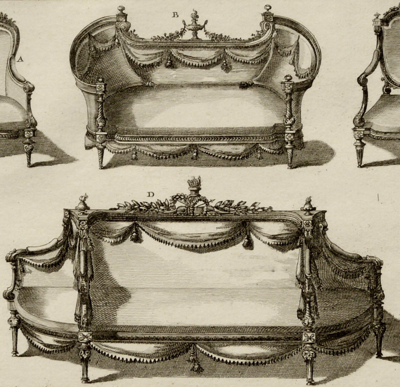 1779 Antique print of ANCIENT FURNITURE. SOFA. Couch.