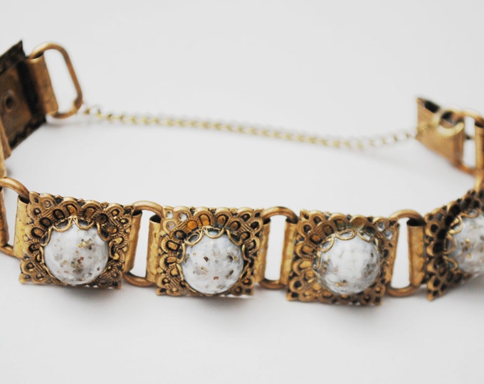 Link bracelet - Victorian Revival Brass book chain - White Cabochon with gold and black confetti