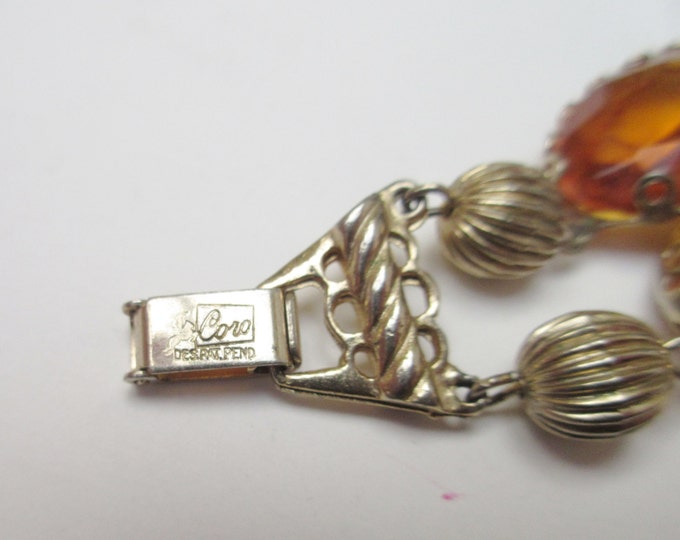 Glass Stone link bracelet- Pegasus Coro Signed - Amber yellow crystal - mid century Bangle