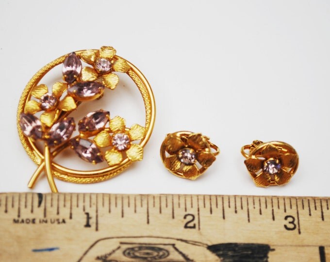 Purple Flower brooch and earring set - Lavender rhinestone - gold plated floral with clip on earrings-gift for her