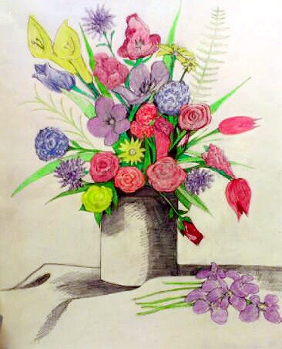 The Bouquet of Flowers Print Color Pencil Drawing 