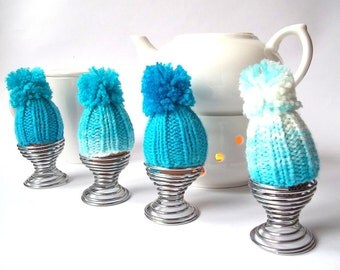 SALE - 25% Off! Knitted Egg Cozy Set of 4. Egg Cozy. Egg Hat. Egg Warmer. Turquoise and White Colors Knitted Egg Cozy.