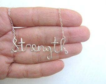 Word necklace, strength necklace, wire necklace, statement necklace, silver neclace