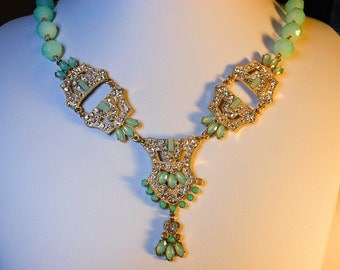 Vintage Runway Bib Necklace Teal & Crystal Rhinestone 31 Inch with a 3 Inch Extension