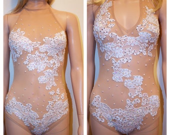 White lace on nude mesh rhinestones sexy leotard aerial go go circus fire dancer stage costume outfit by Maria Luck