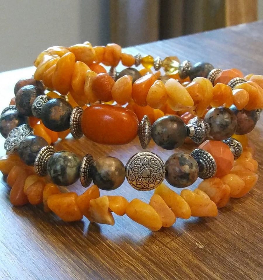 Orange Camouflage Bracelet Jasper Stone Memory Wire Boho