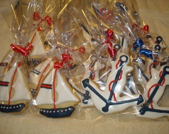 Nautical Sailboat and Anchor Decorated Sugar Cookies for Wedding, Shower, Birthday - 1 Dozen