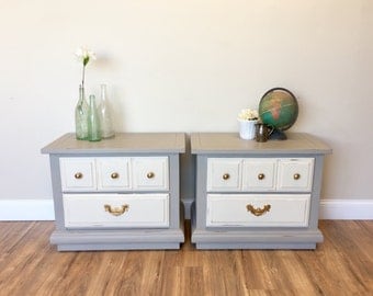 Gray Nightstands - Beach Cottage Furniture - 2 Drawer Nightstands - Shabby Chic Nightstands - Vintage Furniture - Bed Side Tables, Matching