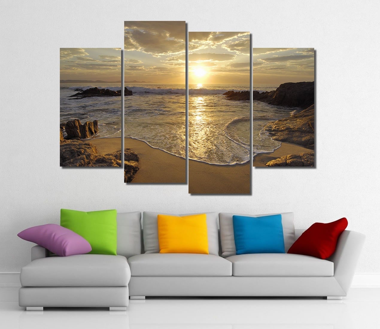 Framed Hugh 4 Panel Sunrise Sea Ocean Wave Sunset Beach Canvas