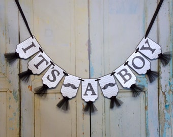 It's A Boy Banner with Mustaches, Embossed Black and Cream Banner with Tulle, Boy Baby Shower Banner, Mustache Baby Shower Decoration