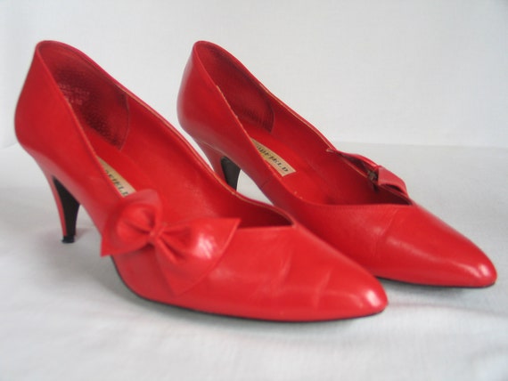 Red Leather High Heels with bows & flower clips by WOODFIELD
