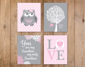 Baby Girl Pink Grey Nursery Owl You Are My Sunshine Personalized Art // Soft Pink, Gray, Print Set of (4) - 5x7, 8x10, 11x14 Unframed
