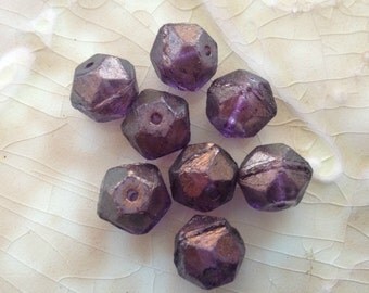 English Cut Czech Glass Beads - Purple Amethyst with Metallic Shimmer - 10 mm Rustic Beads - Rough Cut - Qty 8