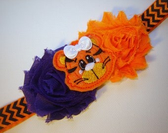 BABY "Clemson Tiger" Headband Orange and Purple Shabby Flowers with "Baby Tiger" Embroidered Feltie, Clemson Tiger Baby, Clemson Baby Gift