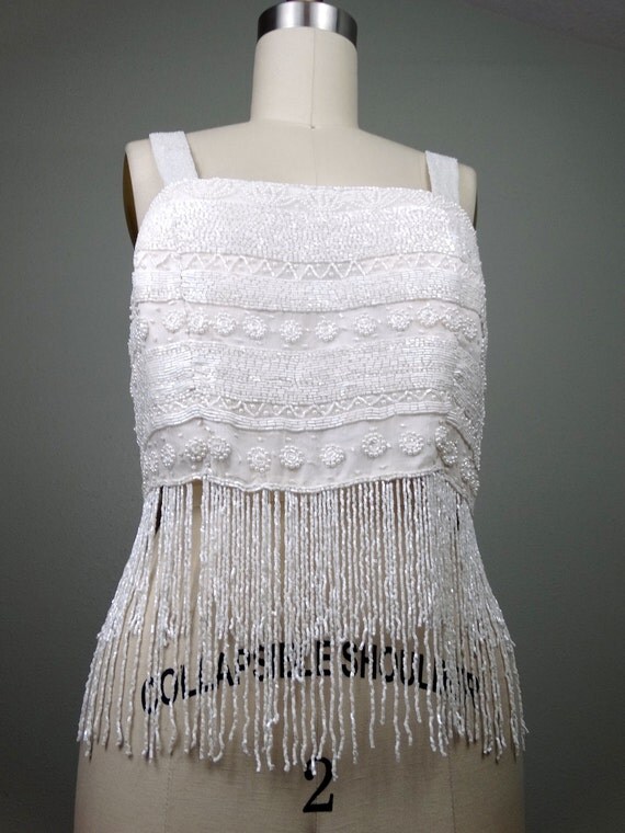 VTG White Fringe Beaded Top / Pearl Beaded Crop Top / Fringed