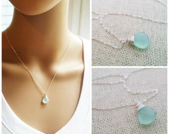 Aqua Chalcedony Wire Wrapped Briolette - Sterling Silver Necklace - Teardrop Necklace - Silver Necklace - Gift for Her