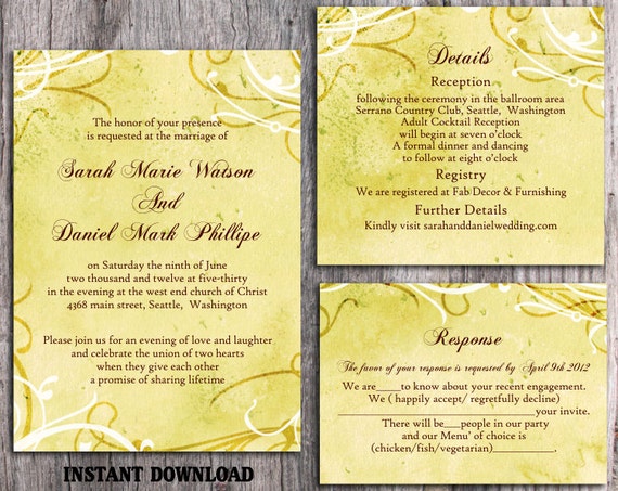 DIY Rustic Wedding Invitation Template Set Editable Word File Instant Download Printable Yellow Wedding Invitation Vintage Gold Invitation