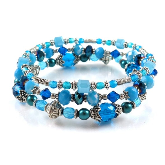 SALE Bright Aqua and Blue Stackable Stretch Bracelets Set