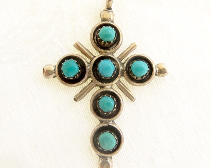 Sterling Zuni Cross Pendant, Snake EyesTurquoise Cross, Signed Zuni Artist June Qualo, Native American Jewelry, New Mexico