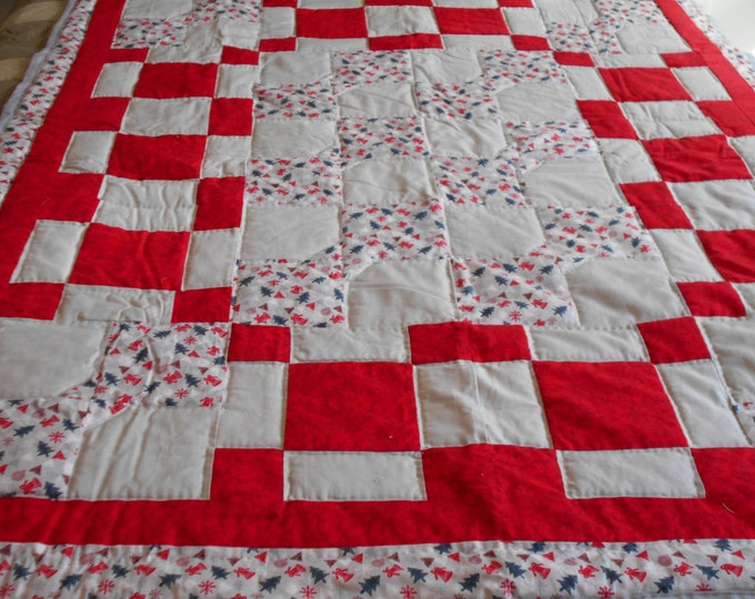 Red and Gray Bow Tie Patchwork Quilt , Lap Quilt or a Crib Quilt