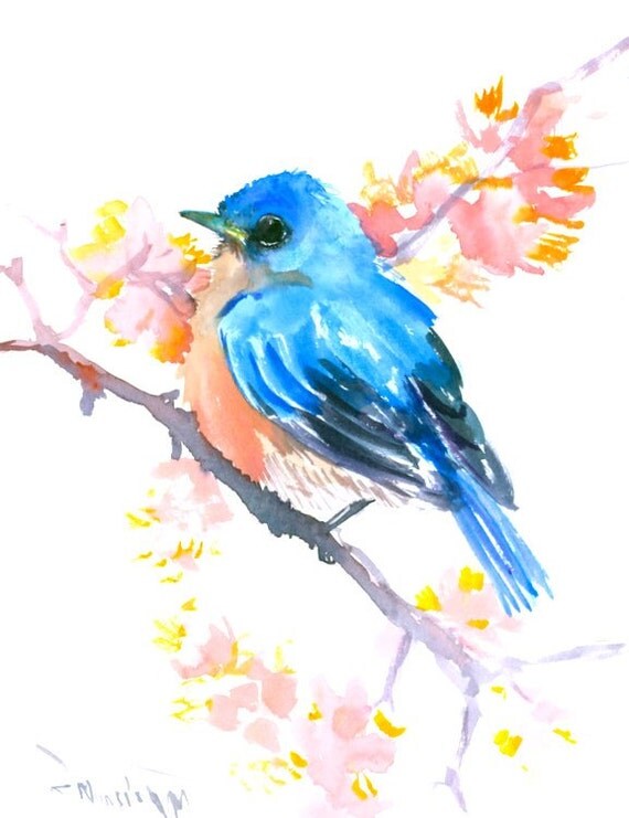 Bluebird and Pink Flowers by ORIGINALONLY on Etsy