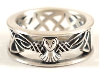 Sterling Silver Owl Wedding Band, Celtic Owl Ring, Mens Wedding Band, Irish Wedding Ring, Owl Jewelry, Celtic Knot Ring, Custom Size CR-1016