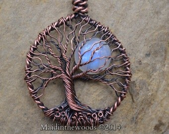 Ready to Ship Rainbow Moonstone Moon Double Sided Tree of Life Necklace 18" Chain + Extension 2-3 Day Priority Ship USA