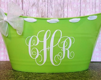 Monogrammed Basket, Easter Basket, Toy Storage Bucket, Oval Tub with Bow
