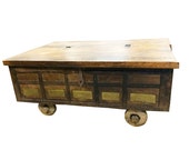 Country Style Coffee Table- Antique Chest on Wheels Hope Chest Coffee Table India Brass Cladded