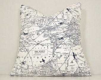 Map Of The World Throw Pillow Map Pillow Cover, World Map, Planes, Travel,Toss Pillow, Navy Pillow, Lumbar,Couch Pillow,Throw Pillow,World Map,Various Sizes,Cover