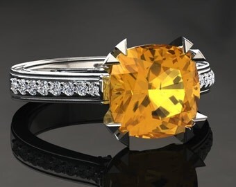 Yellow Sapphire Engagement Ring Cushion Cut Yellow Sapphire Ring 14k or 18k White Gold Matching Wedding Band Available W26YSW