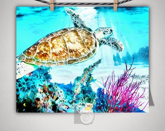 Sea Turtle Whimsical Illustration Ocean Print 5x7
