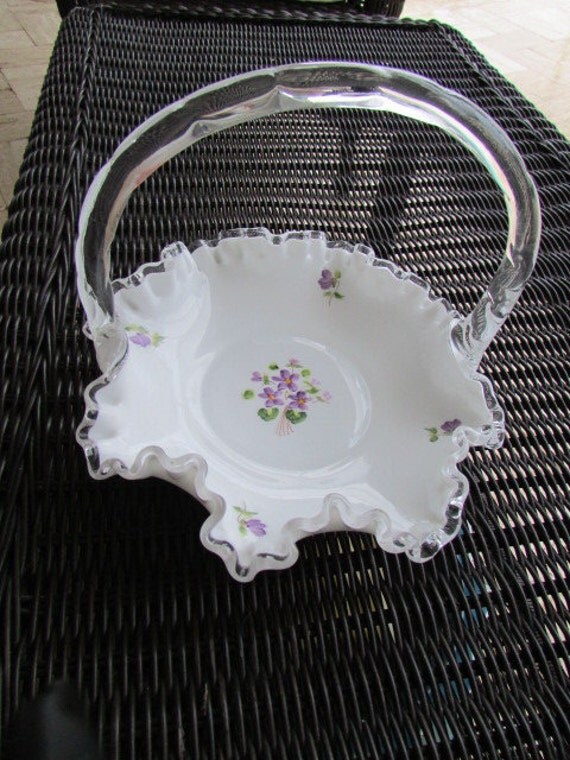 vintage FENTON SILVER CREST Basket hand painted violets Milk