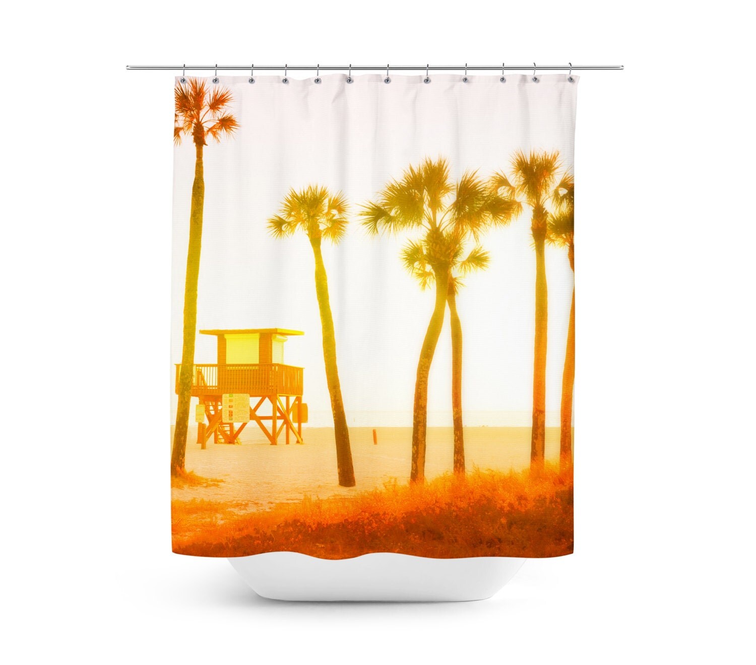 Mango Sunset Shower Curtain White & Orange Beach by naturecityco